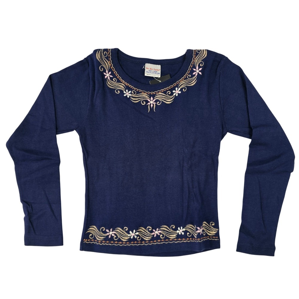 Far Out Fashion Navy Blue Embroidered LongSleeve Cotton Top Size M Made in Nepal